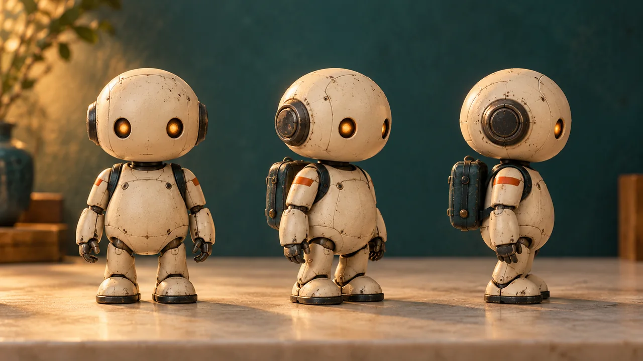 The same small teal robot shown from three angles with matching design details