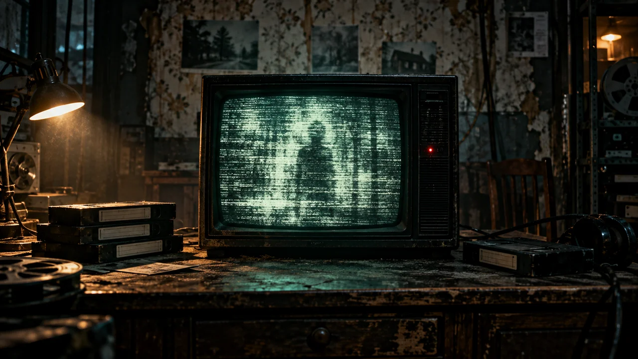 Vintage CRT television showing an eerie silhouette through static in a dim recording room