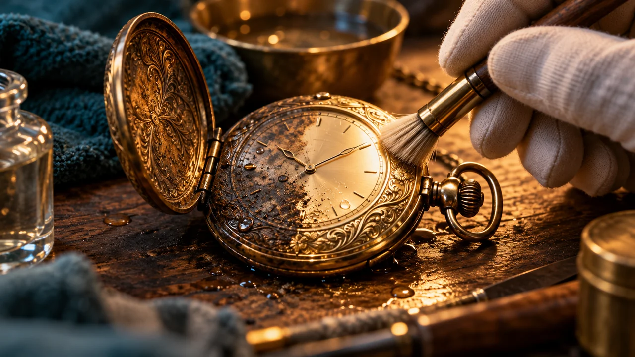Close-up of a gloved hand brushing tarnish from an ornate brass pocket watch